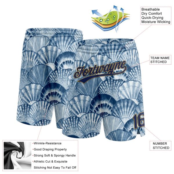 Custom Light Blue Navy-Old Gold 3D Pattern Shells Authentic Basketball Shorts - Image 2