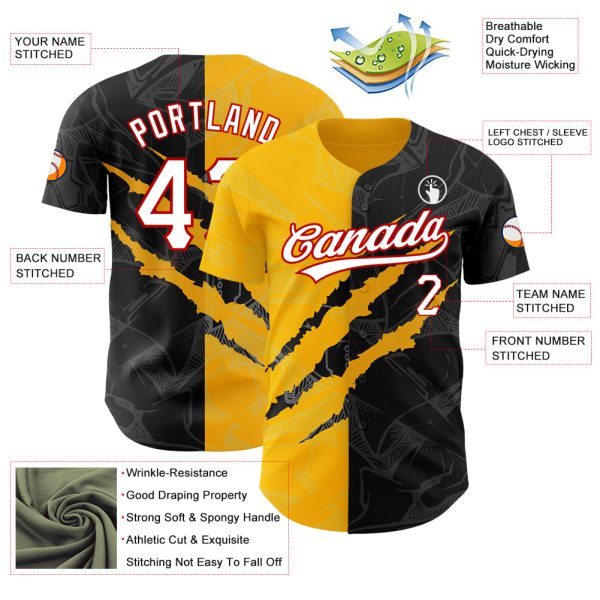 Custom Graffiti Pattern Black Gold-Red 3D Scratch Authentic Baseball Jersey - Image 3