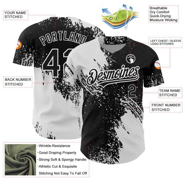 Custom Black White 3D Pattern Design Abstract Brush Stroke Authentic Baseball Jersey - Image 3