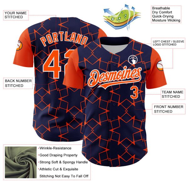 Custom Navy Orange-White 3D Pattern Design Star Lines Authentic Baseball Jersey - Image 3