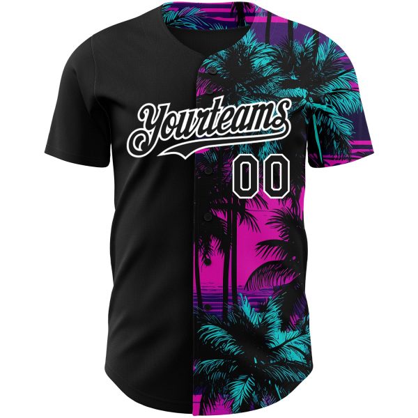 Custom Pink Black-White 3D Pattern Design Beach Hawaii Palm Trees Authentic Baseball Jersey - Image 2