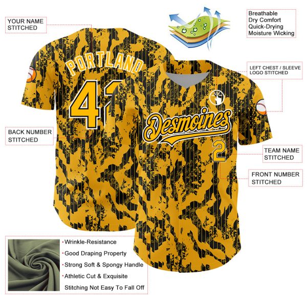 Custom Gold Black-White 3D Pattern Design Abstract Fluid Authentic Baseball Jersey - Image 3