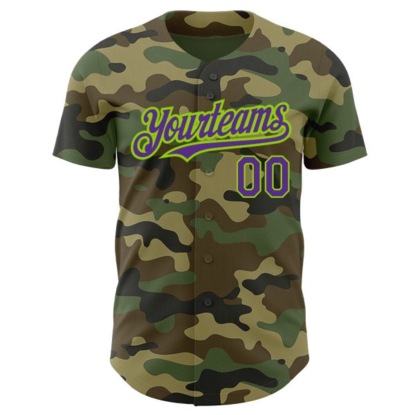 Custom Camo Purple-Neon Green Authentic Salute To Service Baseball Jersey - Image 2