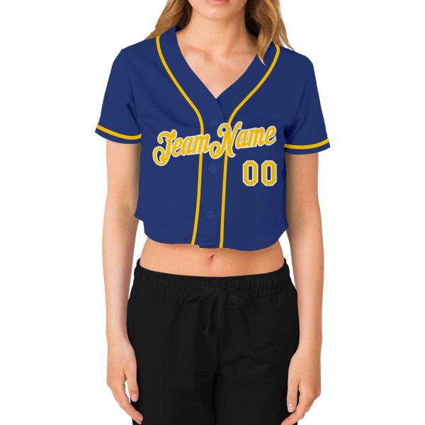 Custom Women's Royal Gold-White V-Neck Cropped Baseball Jersey - Image 2