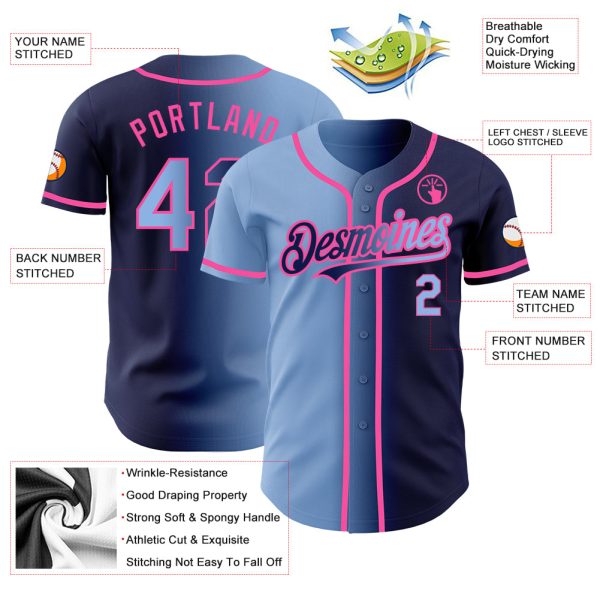 Custom Navy Light Blue-Pink Authentic Gradient Fashion Baseball Jersey - Image 3