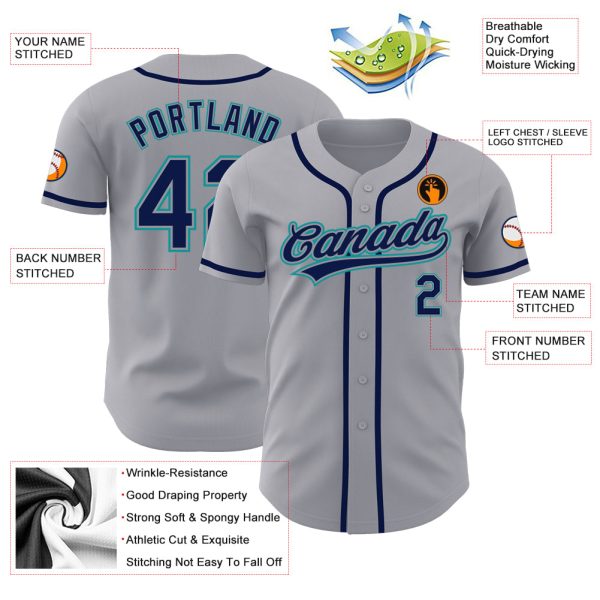 Custom Gray Navy-Teal Authentic Baseball Jersey - Image 3