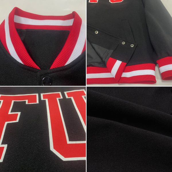Custom Black Red-White Bomber Full-Snap Varsity Letterman Jacket - Image 2