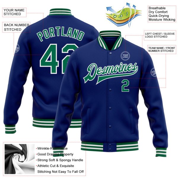 Custom Royal Kelly Green-White Bomber Full-Snap Varsity Letterman Jacket - Image 3