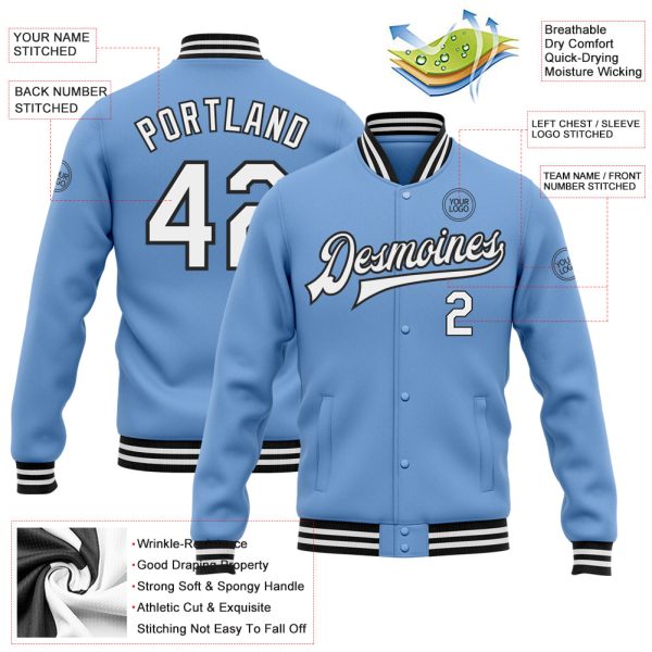 Custom Light Blue White-Black Bomber Full-Snap Varsity Letterman Jacket - Image 3