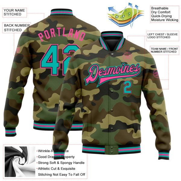 Custom Camo Aqua Black-Pink Bomber Full-Snap Varsity Letterman Salute To Service Jacket - Image 3