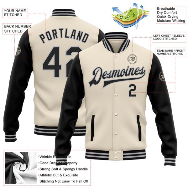 Custom Cream Black-Gray Bomber Full-Snap Varsity Letterman Two Tone Jacket - Image 3
