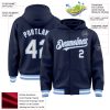 Custom Navy White-Light Blue Bomber Full-Snap Varsity Letterman Hoodie Jacket - Image 3