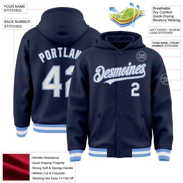 Custom Navy White-Light Blue Bomber Full-Snap Varsity Letterman Hoodie Jacket - Image 3