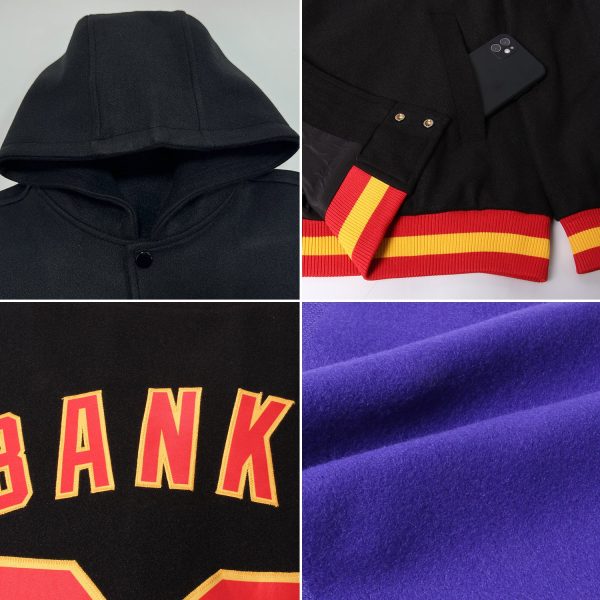 Custom Purple Neon Green-White Bomber Full-Snap Varsity Letterman Hoodie Jacket - Image 2