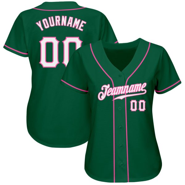 Custom Kelly Green White-Pink Authentic Baseball Jersey - Image 2