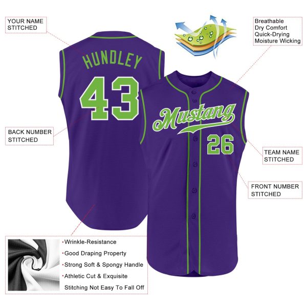 Custom Purple Neon Green-White Authentic Sleeveless Baseball Jersey - Image 2