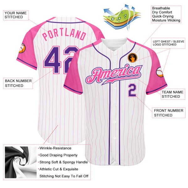Custom White Pink Pinstripe Purple-Pink Authentic Raglan Sleeves Baseball Jersey - Image 3