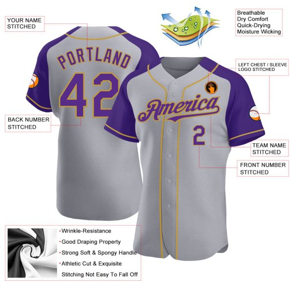Custom Gray Purple-Old Gold Authentic Raglan Sleeves Baseball Jersey - Image 3