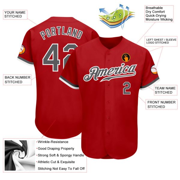 Custom Red Steel Gray-White Authentic Baseball Jersey - Image 3