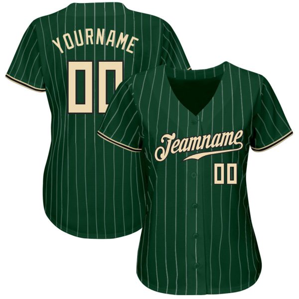 Custom Green White Pinstripe Cream-Black Authentic Baseball Jersey - Image 2