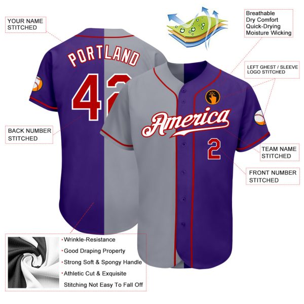 Custom Purple Red-Gray Authentic Split Fashion Baseball Jersey - Image 3